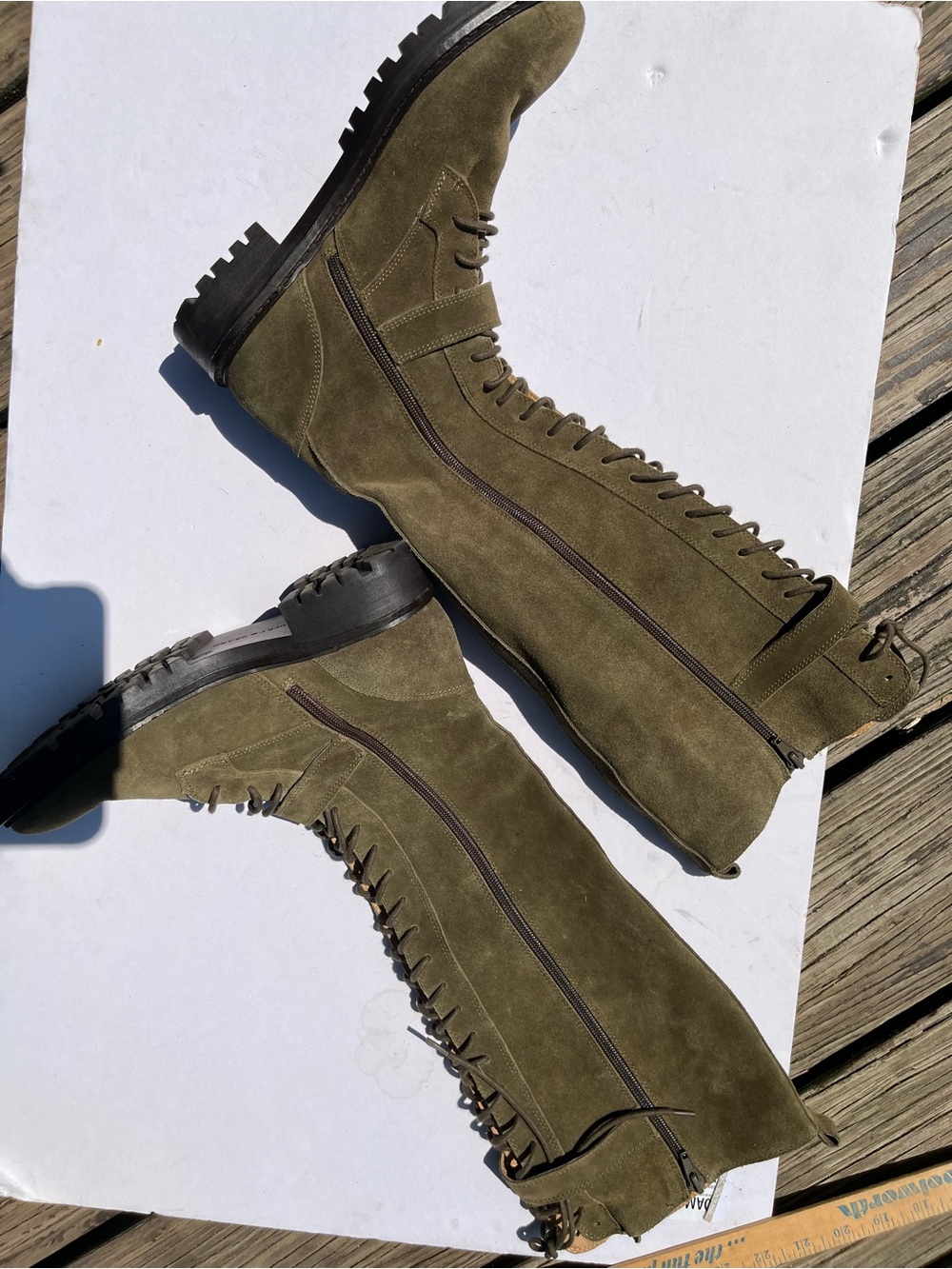 Lucky Brand Inniko Boots 8 Green Suede Lace Up Tall Buckle Moto Grunge Combat - Picture 14 of 16